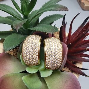 Christian Dior Gold with Pave' Rhinstone Dome Hoop Vintage Pierced 1980's
